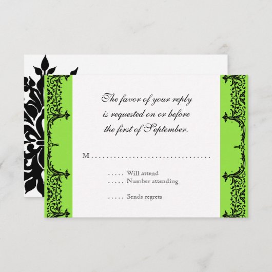 黒いnの白い(紋章の)フラ・ダ・リのダマスク織の結婚式 出欠カード (正面/裏面)