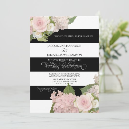 黒いn白くストライプのなwのピンクのアジサイの結婚 招待状 (スタンド正面)