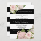 黒いn白くストライプのなwのピンクのアジサイの結婚 招待状 (正面/裏面)