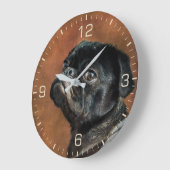 黒いPug犬の写真 ラージ壁時計 (傾斜)