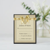 黒いRSVPの金ゴールドの真珠のリボン 出欠カード (スタンド正面)