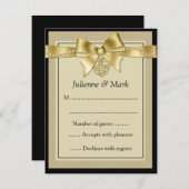 黒いRSVPの金ゴールドの真珠のリボン 出欠カード (正面/裏面)