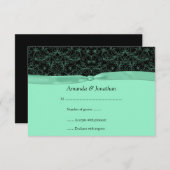 黒いRSVPの3.5x5真新しい緑スクロール及びリボン 出欠カード (正面/裏面)