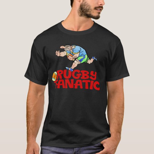 黒いTシャツのラグビープレーヤーの漫画 Tシャツ (正面)