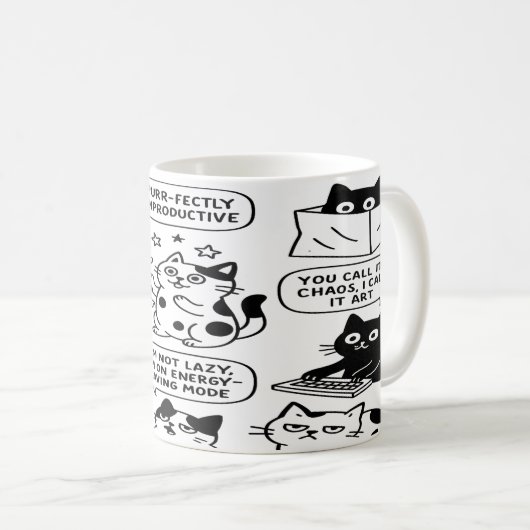 黒おもしろいと白の猫のパターン コーヒーマグカップ (正面右)