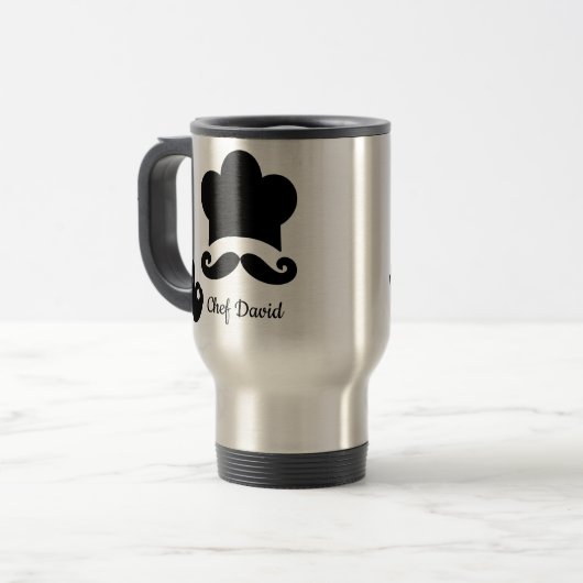 黒おもしろい口ひげカスタム文字名帽子シェフ トラベルマグ (正面左)
