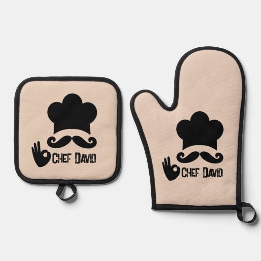 黒おもしろい口ひげシェフカスタム 鍋つかみ&鍋敷きセット (正面)