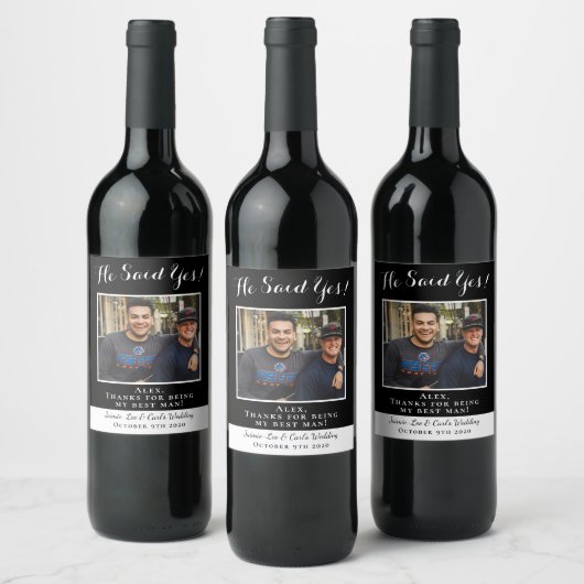 黒おもしろい彼はYes写真ありがとう花婿介添人 ワインラベル (ボトル)