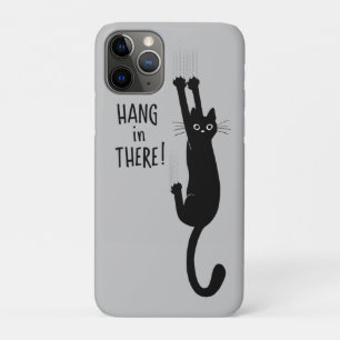 黒おもしろい猫がぶら下がった乗る つる中! iPhone 11 PROケース