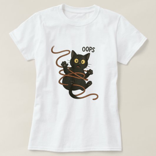 黒おもしろい猫がロープ絡み – かわいい漫画T-S Tシャツ (デザイン正面)