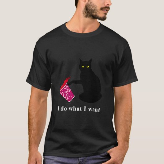 黒おもしろい猫が欲しい事をする Tシャツ (正面)