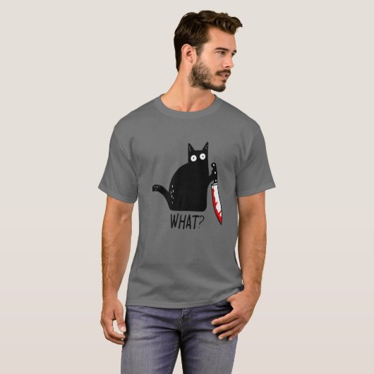黒おもしろい猫って何?保持血ナイフメンズウォム Tシャツ (正面フル)