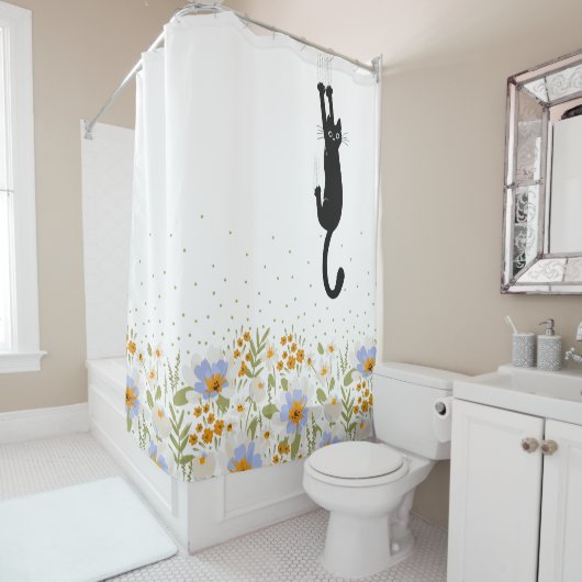 黒おもしろい猫のぶら下がったフローラ シャワーカーテン (インサイチュ)