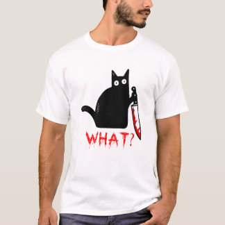 黒おもしろい猫の殺意？包丁T-S Tシャツ