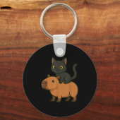 黒おもしろい猫キャピバラ動物愛好家ママパパキッズ キーホルダー (正面)
