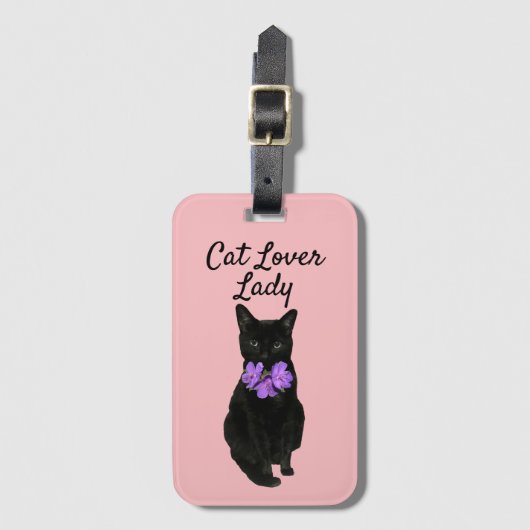黒おもしろい猫フォトピンクカスタム色 ラゲッジタグ (正面縦)