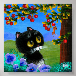 黒おもしろい猫マウスさくらんぼ作成 ポスター