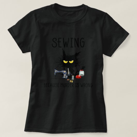 黒おもしろい猫裁縫 Tシャツ (デザイン正面)