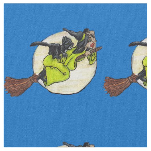 黒おもしろい猫飛んでいるの月と箒の魔女 ファブリック (クローズアップ)