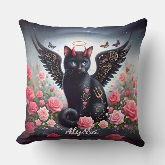 黒おもしろい鬼と天使の猫 クッション (正面)
