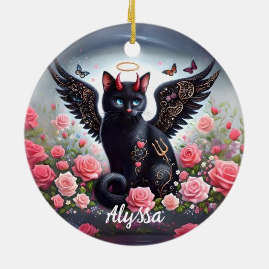 黒おもしろい鬼と天使の猫 セラミックオーナメント (裏面)
