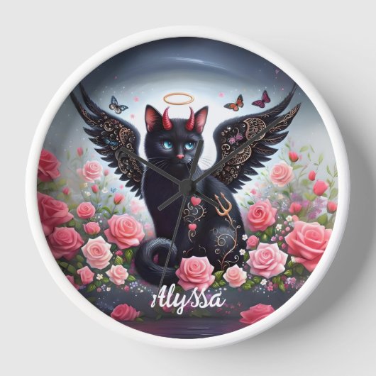 黒おもしろい鬼と天使の猫 壁時計 (正面)