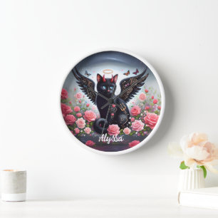 黒おもしろい鬼と天使の猫 壁時計