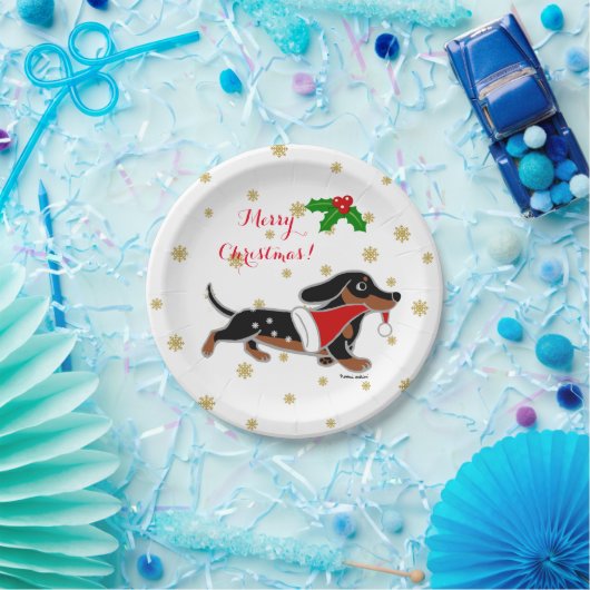 黒およびタンのダックスフントの連続したクリスマスのプレート ペーパープレート (パーティー)
