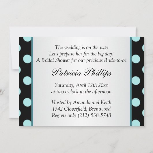黒およびティール(緑がかった色)の水玉模様のブライダルシャワー 招待状 (裏面)