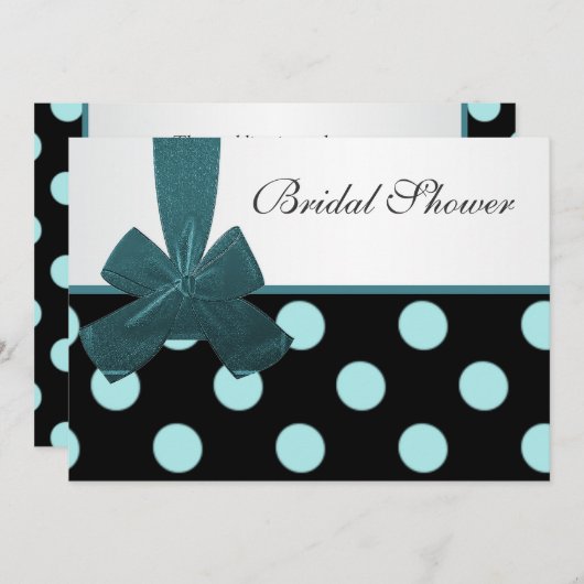 黒およびティール（緑がかった色）の水玉模様のブライダルシャワー 招待状 (正面/裏面)