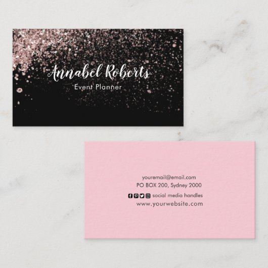 黒およびピンクのグリッターの名刺 名刺 (正面/裏面)