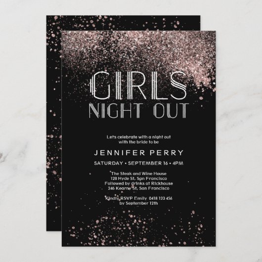 黒およびピンクのグリッターの女の子夜招待状 招待状 (正面/裏面)