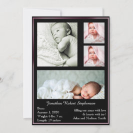 黒およびピンク数々のなフレームの写真のベビーの発表 案内状