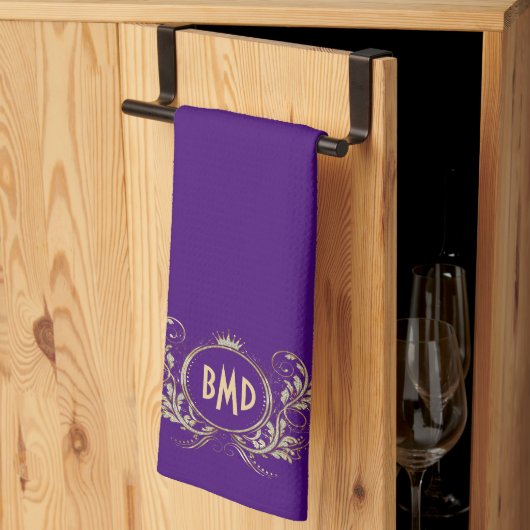 黒およびフェイクグリッターガーリーフローラ枠 キッチンタオル (三つ折り)