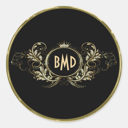 黒およびフェイクグリッターガーリーフローラ枠 ラウンドシール (正面)