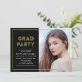黒およびフェイク金ゴールド幾何学的フォトグラードパーティー 招待状 (スタンド正面)