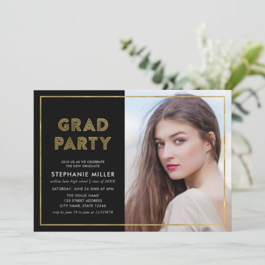 黒およびフェイク金ゴールド幾何学的フォトグラードパーティー 招待状 (スタンド正面)