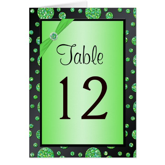 黒およびライムのきらびやかな点のテーブル数カード (正面)