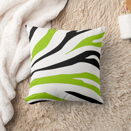 黒およびライムグリーンのシマウマのストライプのプリントの枕 クッション (ブランケット)