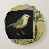 黒およびヴィンテージの背景の鳥 ラウンドクッション (裏面)