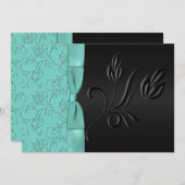 黒および水の花のフェイクなリボンの結婚式の招待 招待状 (正面/裏面)