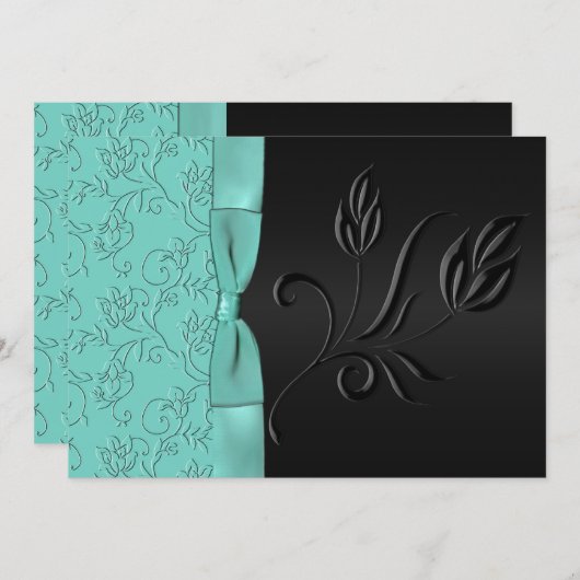 黒および水の花のフェイクなリボンの結婚式の招待 招待状 (正面/裏面)