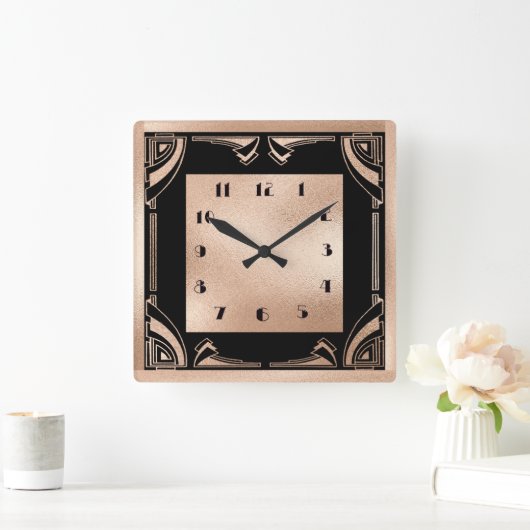 黒および淡い色の銅アールデコ スクエア壁時計 (ホーム)