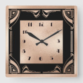 黒および淡い色の銅アールデコ スクエア壁時計 (正面)