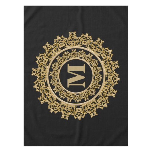 黒および金ゴールドのエレガントなモノグラム テーブルクロス (正面)