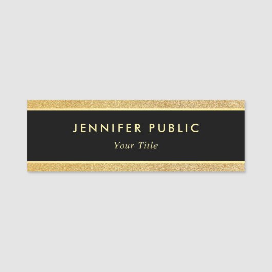 黒および金ゴールドのグリッターのモダンでエレガントなパーソナライズ 名札 (正面)