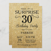 黒および金ゴールドのグリッターの驚きの第30誕生日 招待状 (正面/裏面)