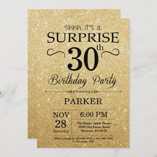 黒および金ゴールドのグリッターの驚きの第30誕生日 招待状 (正面/裏面)