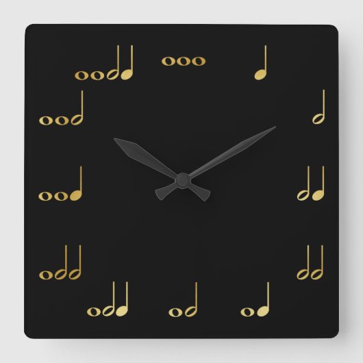 黒および金ゴールドのシェブロンの音符 スクエア壁時計 (正面)