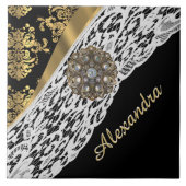 黒および金ゴールドのダマスク織の白いレースの水晶 タイル (正面)